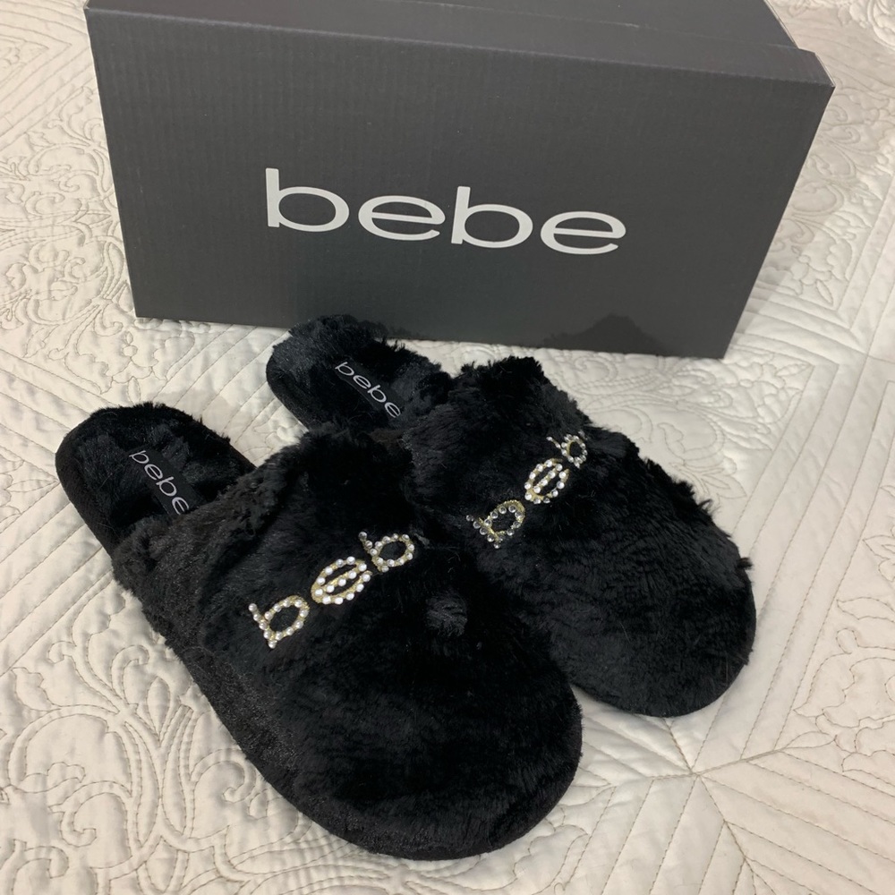 NWB BEBE BLACK FAUX FUR SLIPPERS - Picture 3 of 7